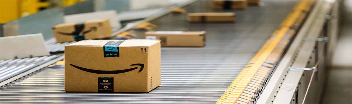 Amazon boxes moving along a conveyor belt